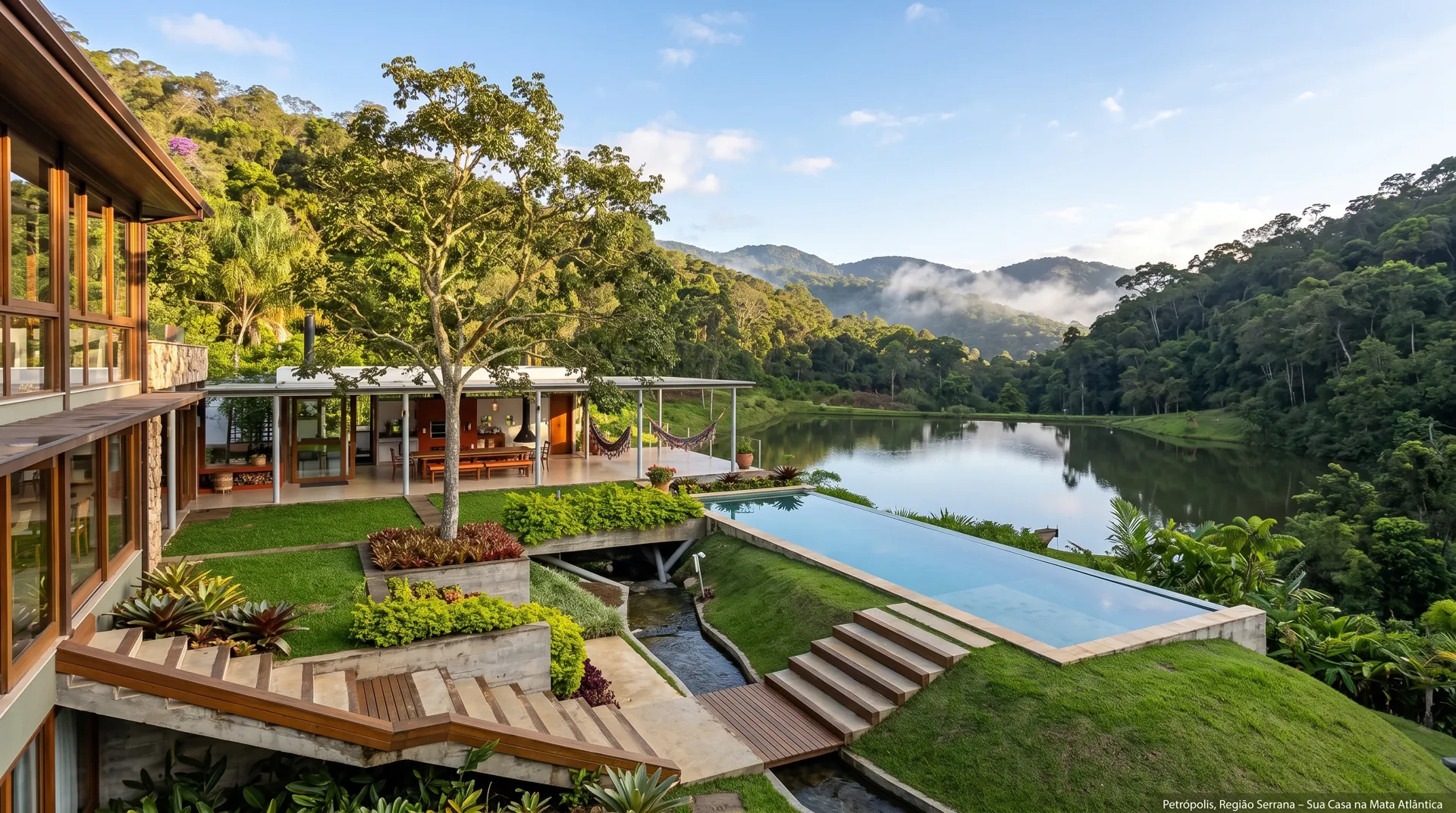 Casa com piscina à beira do lago, cercada pela Mata Atlântica na Região Serrana